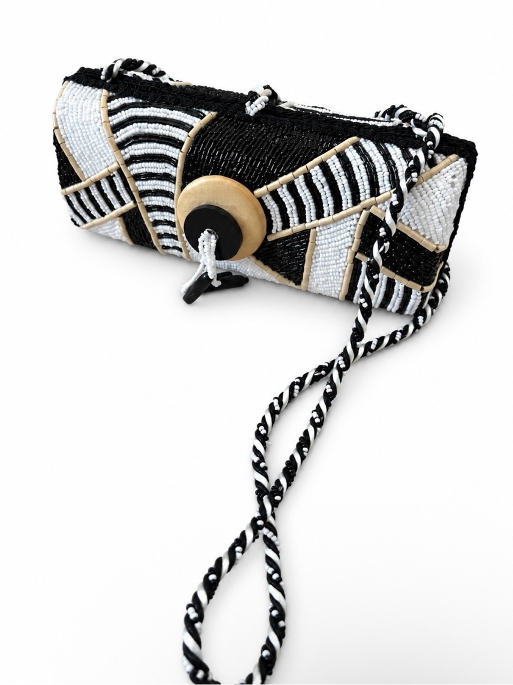 Mary Frances Black & White Geometric Beaded Crossbody Clutch Bag